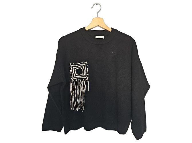 Autre Marque Moewy schwarzer Pullover Häkel-Applikation 