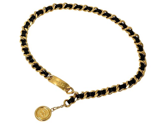 Chanel Cambon Women's Leather Chain Belt Black Golden