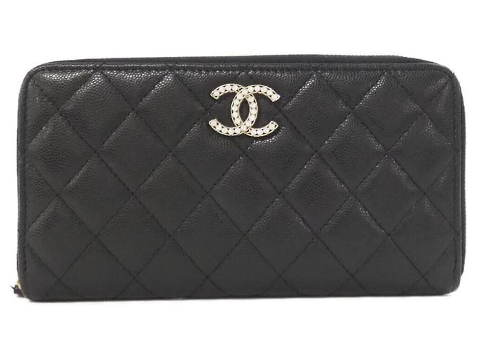 Cartera larga de piel de becerro granulada negra Chanel Negro