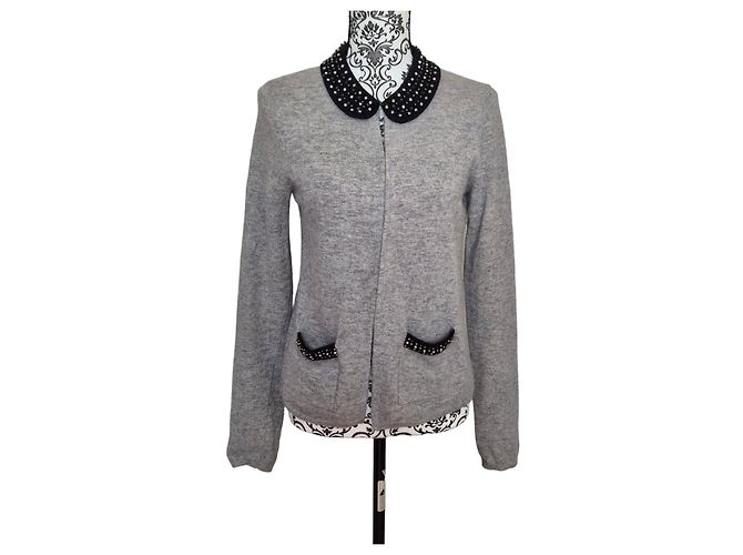 Maje Angorawolle Cardigan Weste Grau Peter Pan Kragen T38 Schwarz
