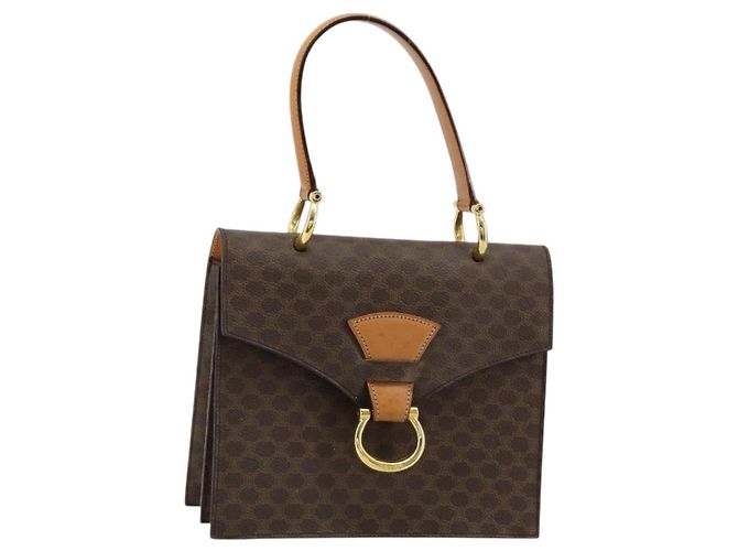 Céline Bolsa CELINE Macadam Canvas PVC Couro Marrom Ouro Auth 182076 Dourado