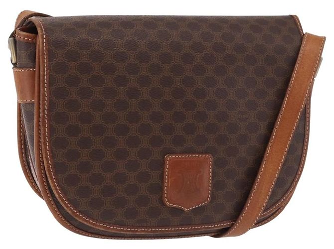 Céline Bolsa de Ombro CELINE Macadam Canvas PVC Couro Marrom Ouro Auth 183989 Dourado