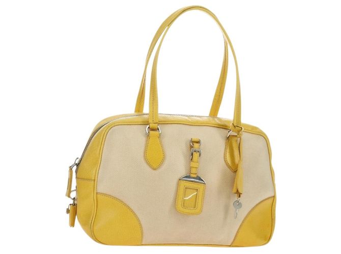 Sac à main PRADA en toile et cuir beige jaune argenté Auth am11779V