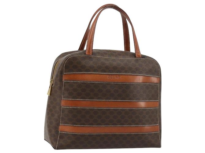 Céline Bolsa CELINE Macadam Canvas PVC Couro Marrom Ouro Auth 180639 Dourado