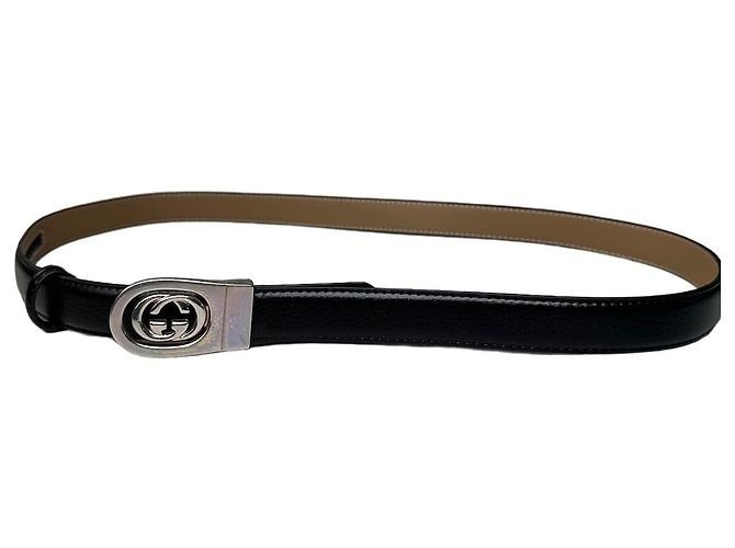 Vintage Gucci Ledergürtel mit Interlocking GG Schwarz Beige Silber