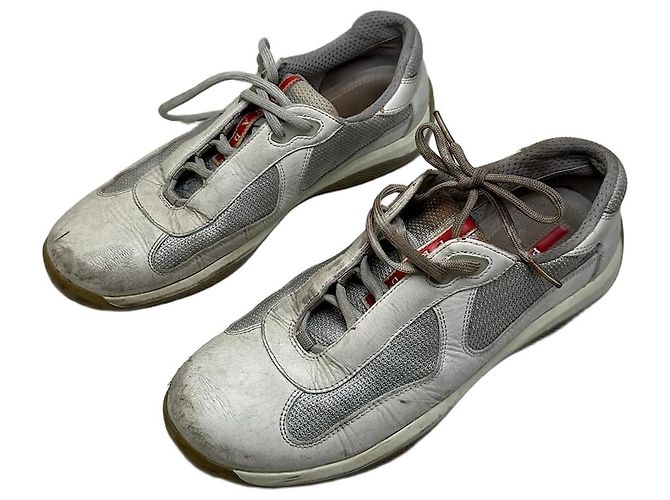 Vintage Prada Leather Mesh Sneakers White Grey EU8