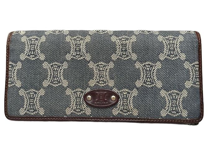 Céline Vintage Celine Macadam Canvas Wallet Blue Beige Gold