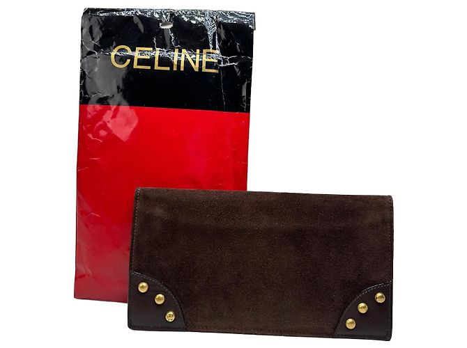 Céline Vintage Celine Suede Studded Wallet Brown Gold
