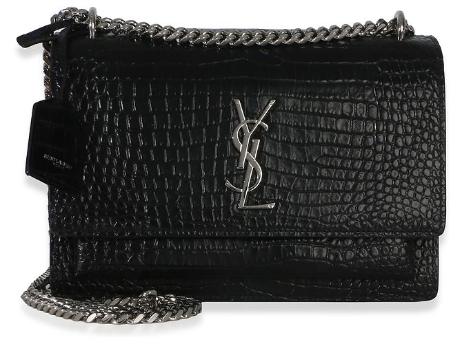 Bolsa Medium Monogram Sunset em couro de vitelo preto com relevo de crocodilo Saint Laurent