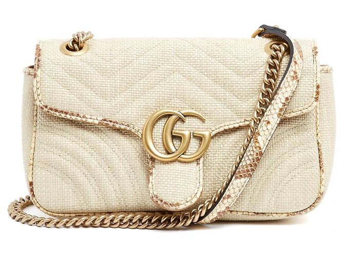 Gucci GG Marmont Borsa a Spalla Raffia e Pelle Beige