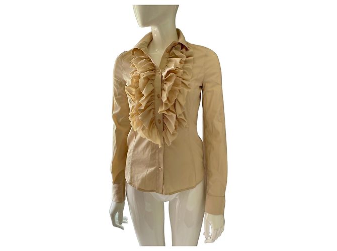 Camicia Elisabetta Franchi beige in cotone con volant e catena dorata