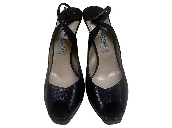 Jimmy Choo Slingback con Punta Aperta in Pelle Nera Goffrata Nero