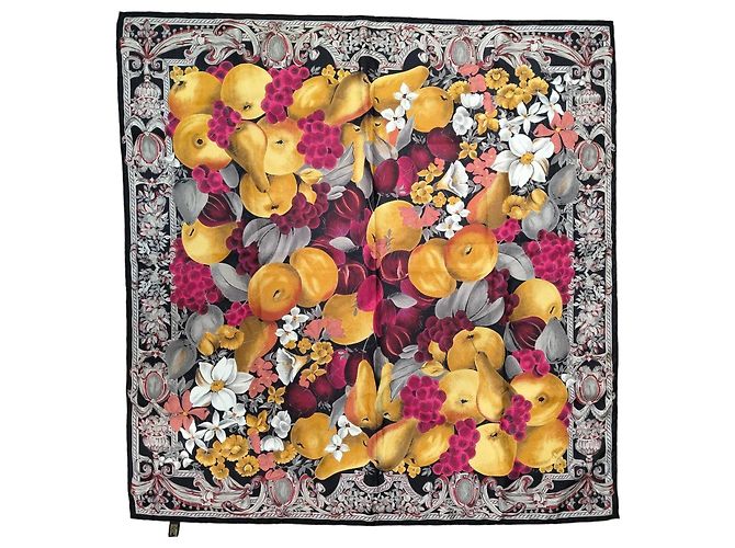 Dior Lenço de seda estampado com frutas e flores Marrom Preto Rosa Branco Vermelho Multicor Amarelo