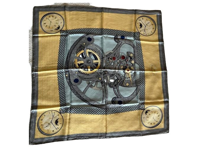 Breguet Seidentuch - Uhrenmechanismus Print Weiß Blau Grau Gelb