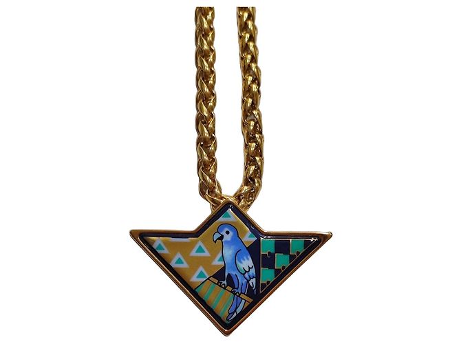 Colar Pingente em Esmalte "Oiseau Bleu" Michaela Frey Azul Multicor Dourado Verde