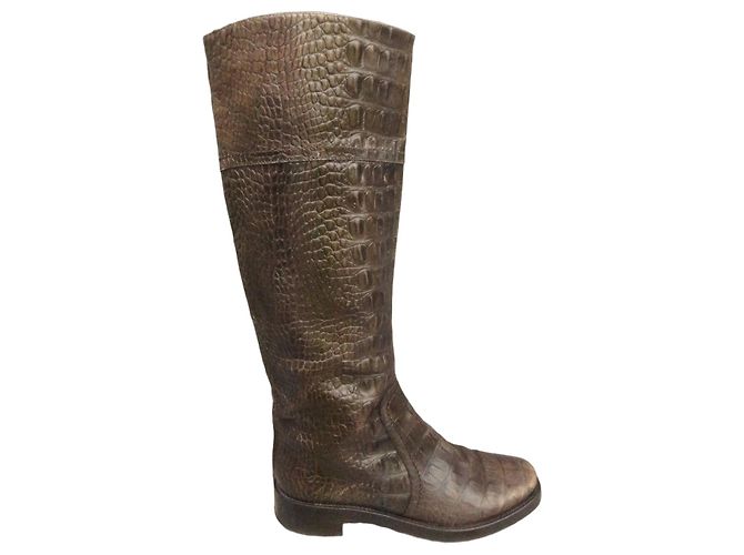 Sergio Rossi Botas Altas de Cuero Marrón Efecto Cocodrilo Castaño