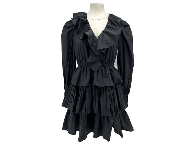 Ulla Johnson Black Fringed Long Sleeve Cotton Dress