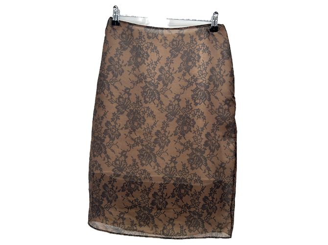 Autre Marque Falda de seda marrón con estampado de encaje Castaño