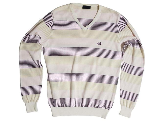 Autre Marque Sergio Tacchini V-Ausschnitt Pullover gestreift Roh Lila Hellbraun