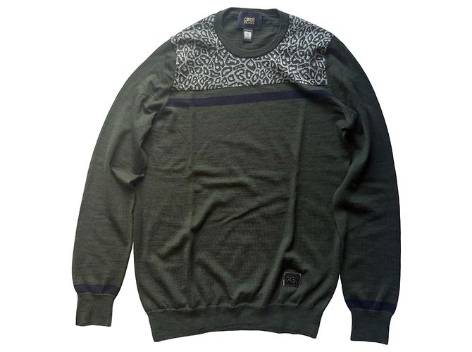Roberto Cavalli Grüner Wollpullover mit Leopardenmuster Leopardenprint 