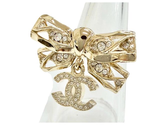Timeless Anello Chanel B24B Coco Mark Ribbon Rhinestone D'oro