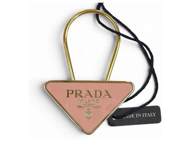 Prada Triangle Logo Plate Keyring Pink Golden