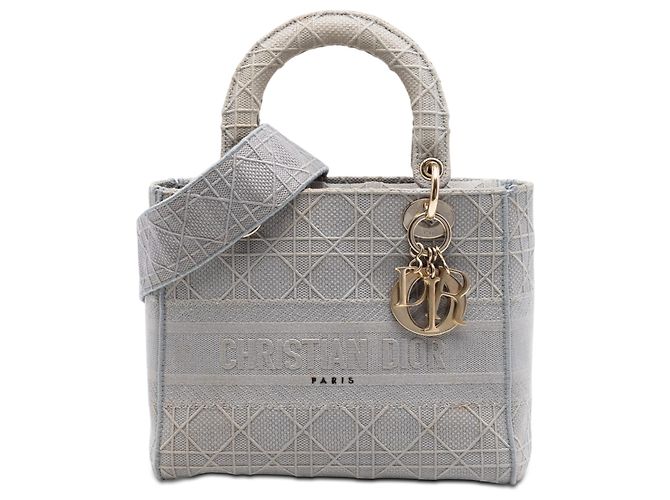 Dior Gris Toile Cannage Lady D Lite Medium Marron