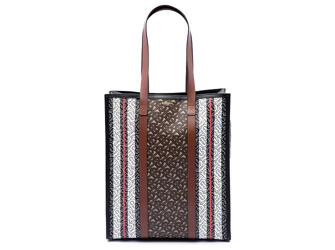 Burberry Brown TB Monogram E-Canvas Stripe Vertical Tote