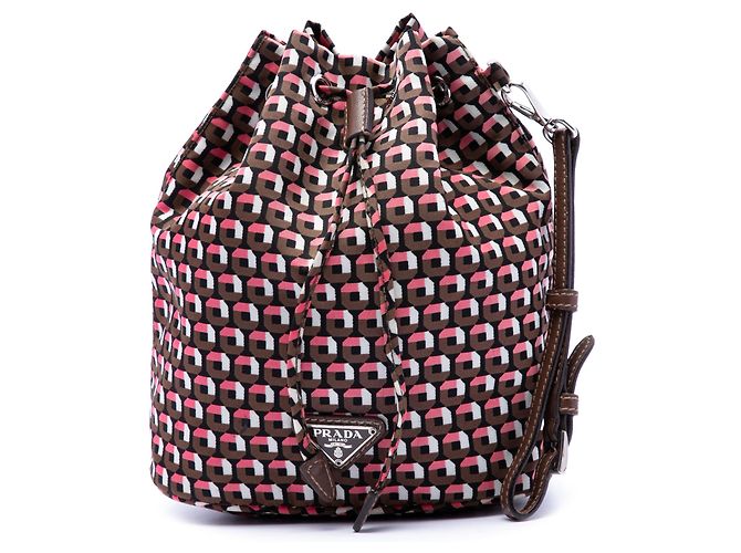 Prada Brown Tessuto Geometric Print Drawstring Pouch