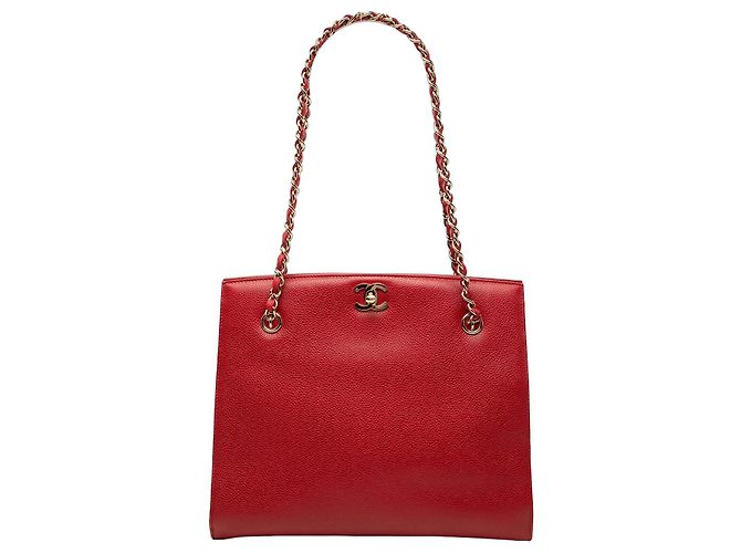 Chanel Red CC Caviar Turn Lock Chain Tote Rot