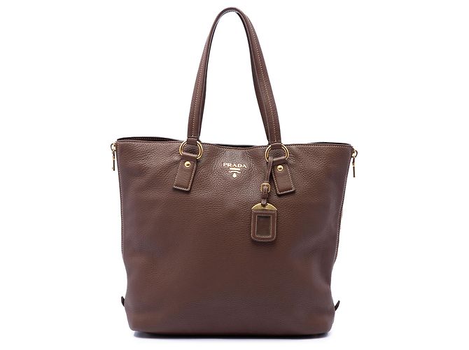 Prada Brown Vitello Daino Side Zip Shopper Tote