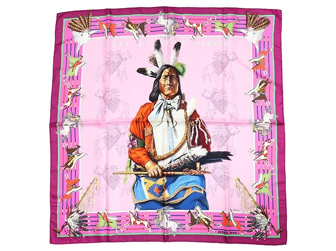 Lenço Hermès Pani La Shar Pawnee 90cm Seda Rosa Marrom Branco Vermelho Azul Dourado Verde Roxo