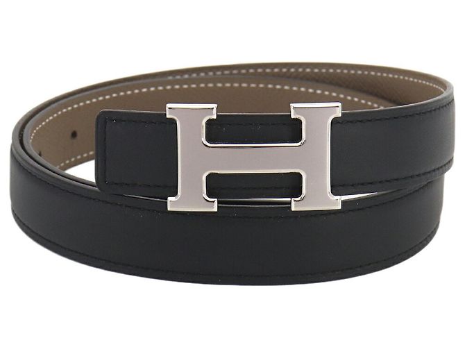 Hermès Cinturón Hermes Constance Reversible H Negro Plata Beige