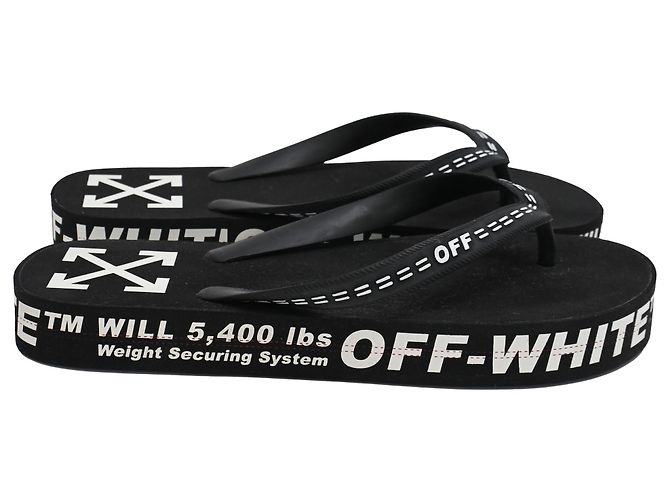Off White  Off-White Logo Typographic Flip Flops in Black Rubber