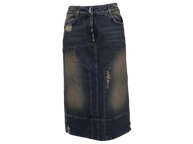 Givenchy Midi-Rock mit tiefer Leibhöhe aus hellblauem Denim im Distressed-Look