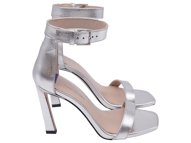 Stuart Weitzman Square Nudist Ankle Strap Sandal s in Silver Leather Silvery Metallic
