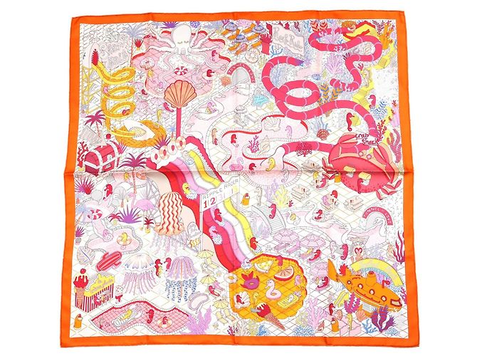 Lenço Carré Hermès Splash Park 90 cm em seda - Laranja Rosa Branco Vermelho Azul Amarelo