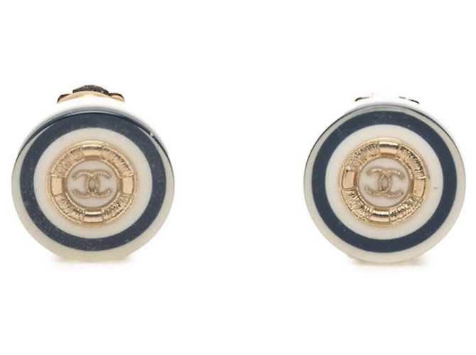 Pendientes de clip Chanel Coco Mark Blanco Dorado Azul marino
