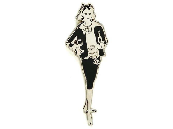Chanel 2003 Coco Silhouette XL Brosche Silbermetall Schwarz