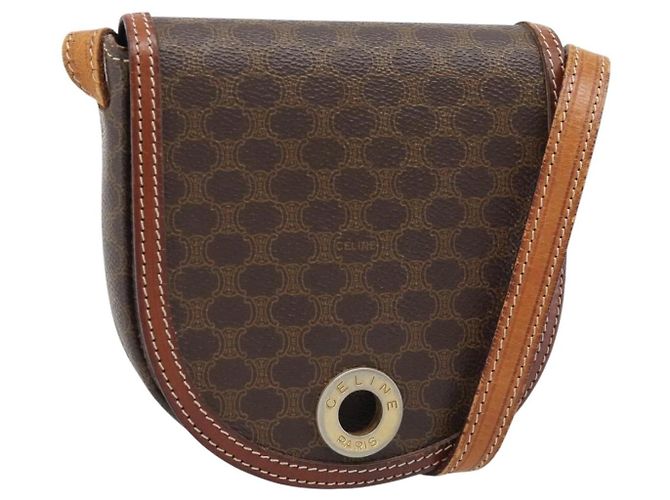 Céline Bolsa de ombro circular CELINE Macadam Canvas PVC Couro Marrom Ouro Auth 184306 Dourado