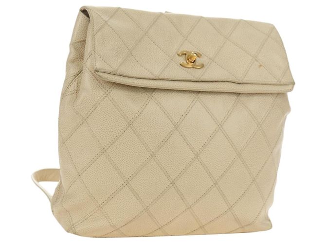 CHANEL Bicolore Backpack Caviar Skin Beige Gold CC Auth 182907V