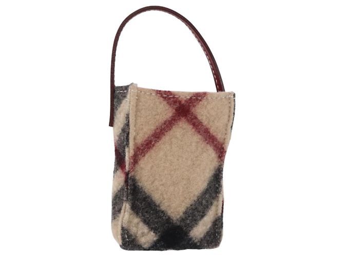 BURBERRY Nova Check Clutch Wolle Beige Silber Auth 181105