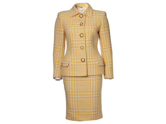 Gianni Versace Couture, Set a 2 pezzi in bouclé Bianco Giallo