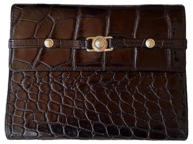 Medusa Versace Black Crocodile-Embossed Leather Wallet
