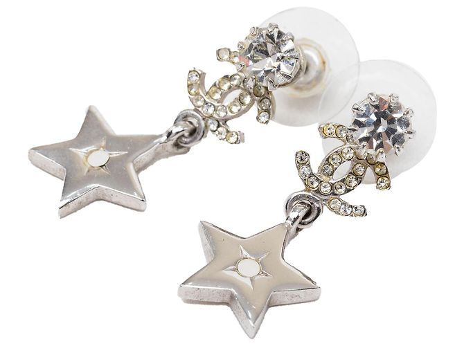 Brincos Chanel Silver CC em latão e strass Star Drop com tarraxa Prata