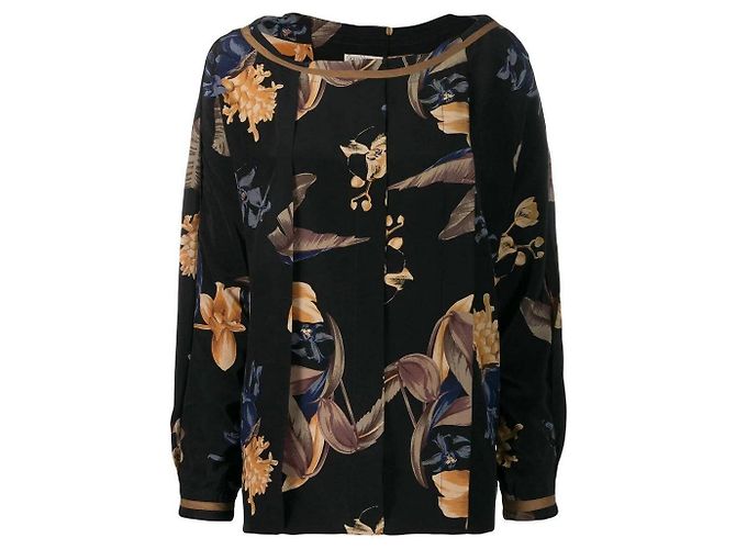 Camicetta Versace 80s in seta nera con stampa floreale e maniche a pipistrello Nero