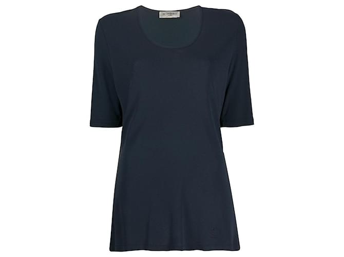 Blouse en polyester bleu foncé des années 90 Yves Saint Laurent avec logo brodé 
