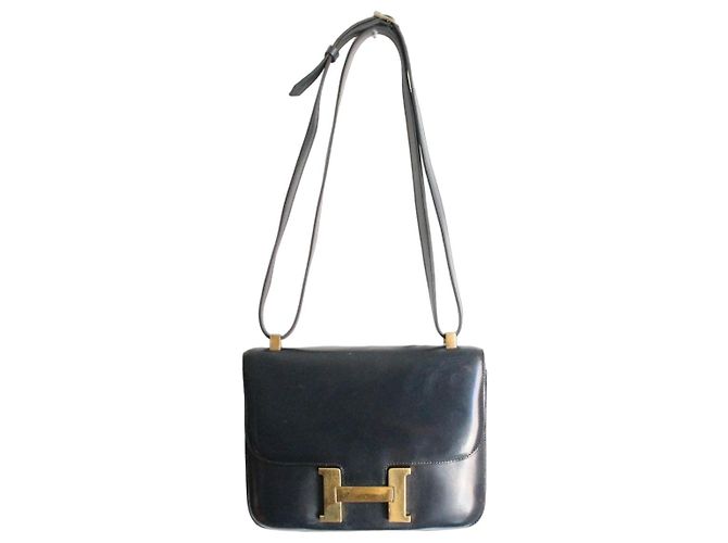 Hermès Constance sac à main cuir box bleu Noir