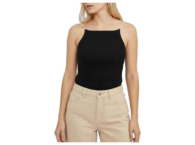 Autre Marque Musier schwarzes geripptes Strick-Top mit Perlenriemen