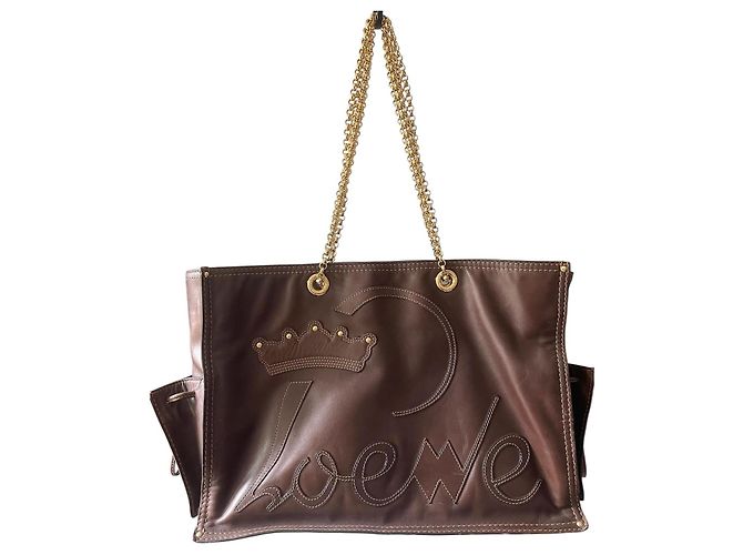Loewe Vintage Brown Leather Tote Bag with Gold Chain Handles Gold hardware